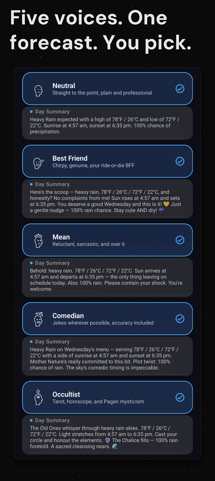 DualWeather on Android: Five voices one forecast