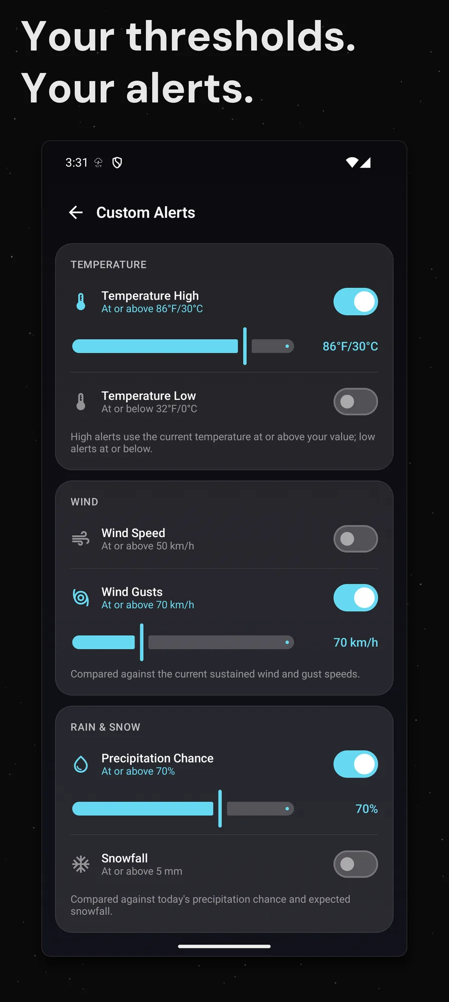 DualWeather on Android: Custom alert thresholds seville