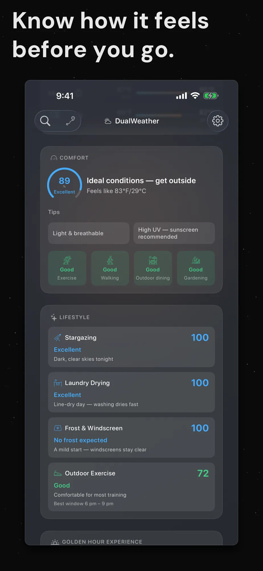 DualWeather on iPhone: Comfort activities