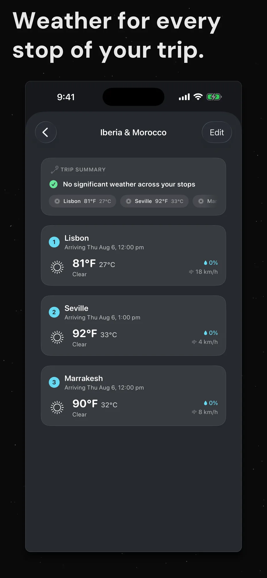 DualWeather on iPhone: Trip planner