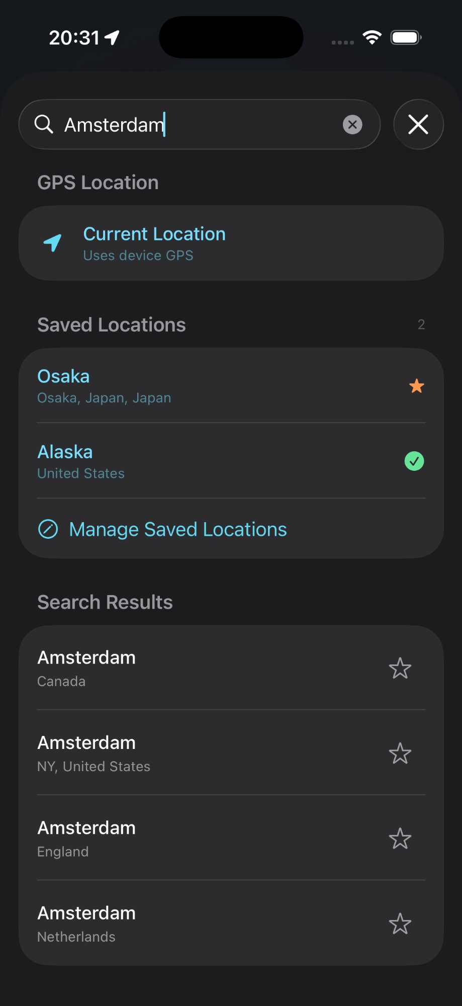 Location search with saved cities