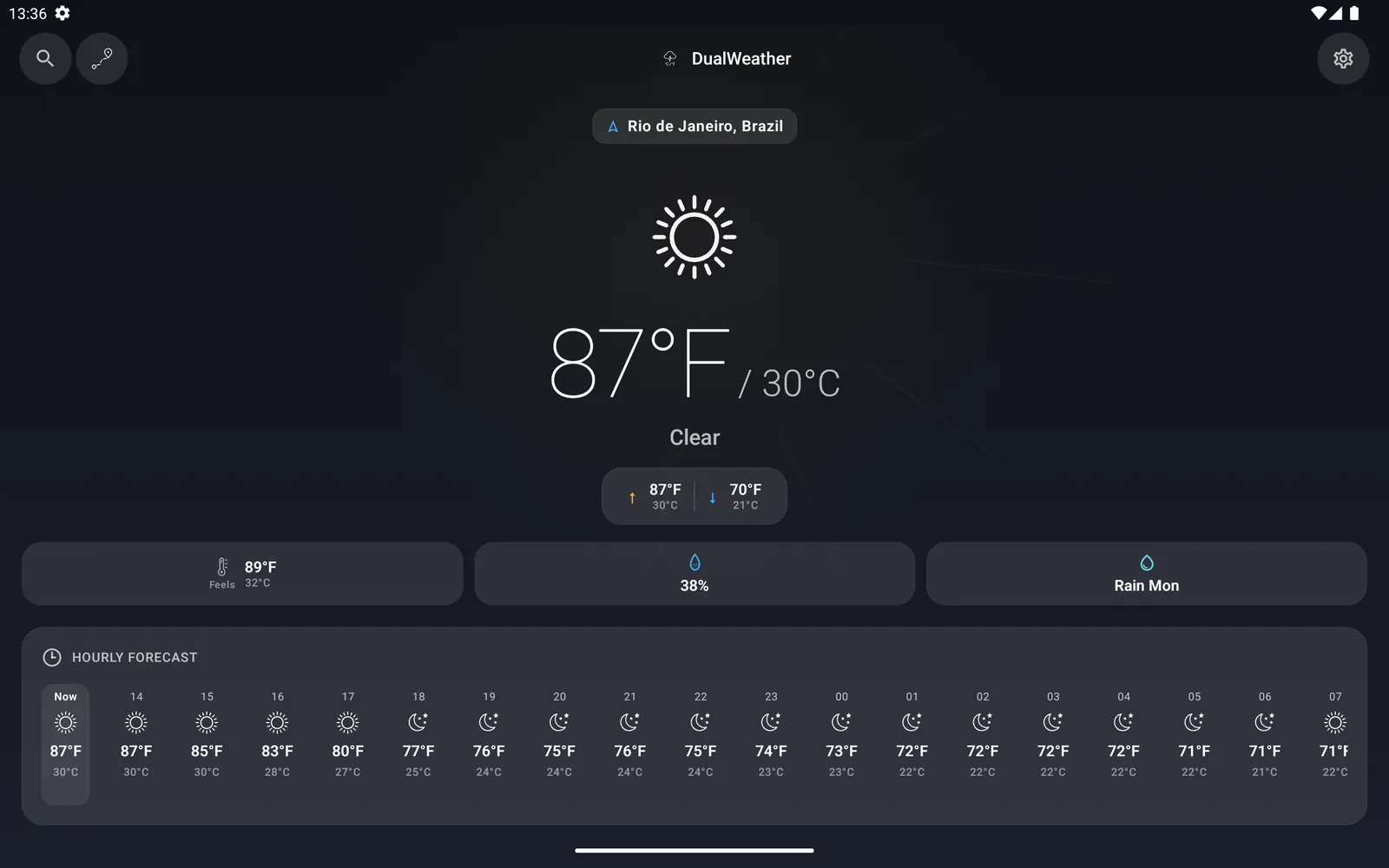 DualWeather on Android tablet: Hero forecast rio landscape