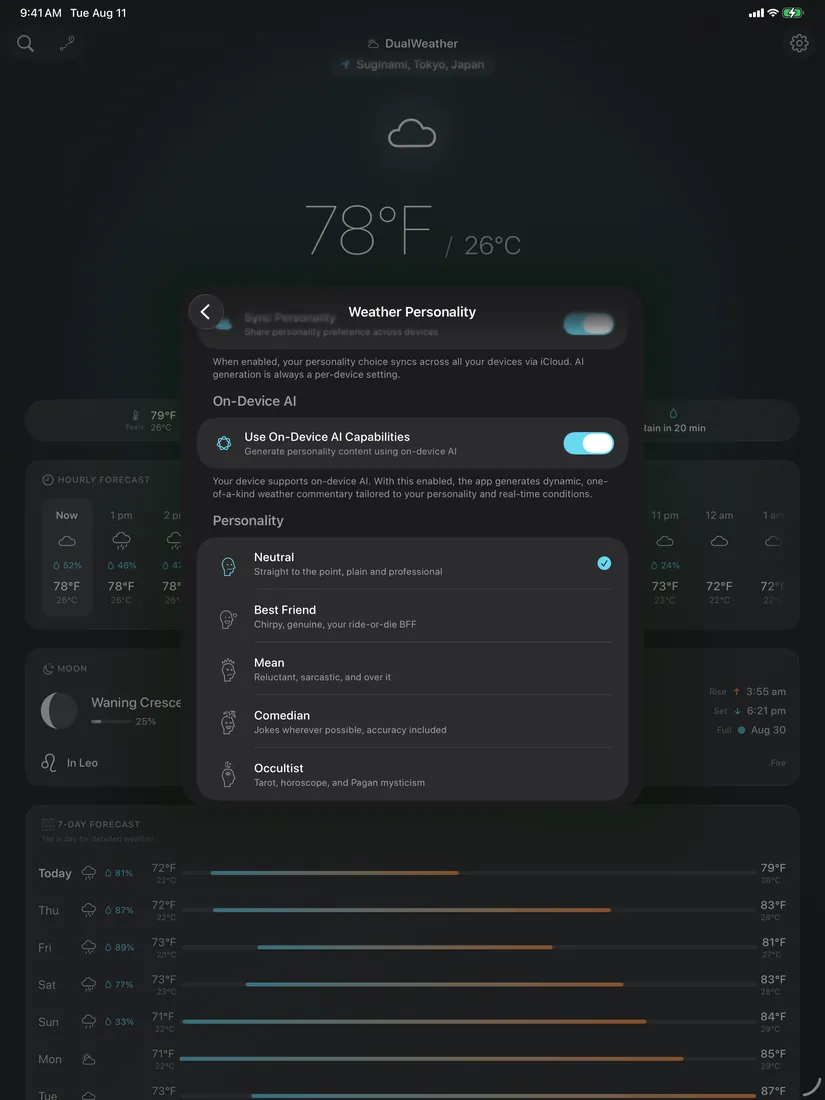 DualWeather on iPad: Neutral picker