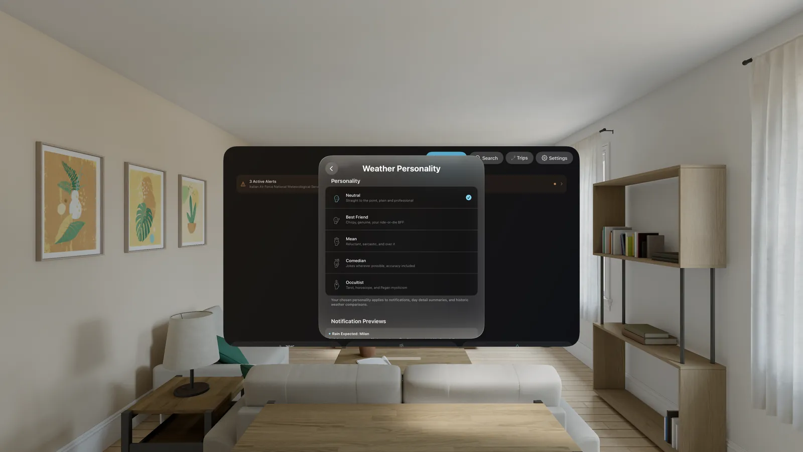 DualWeather on Apple Vision Pro: Personality picker five voices