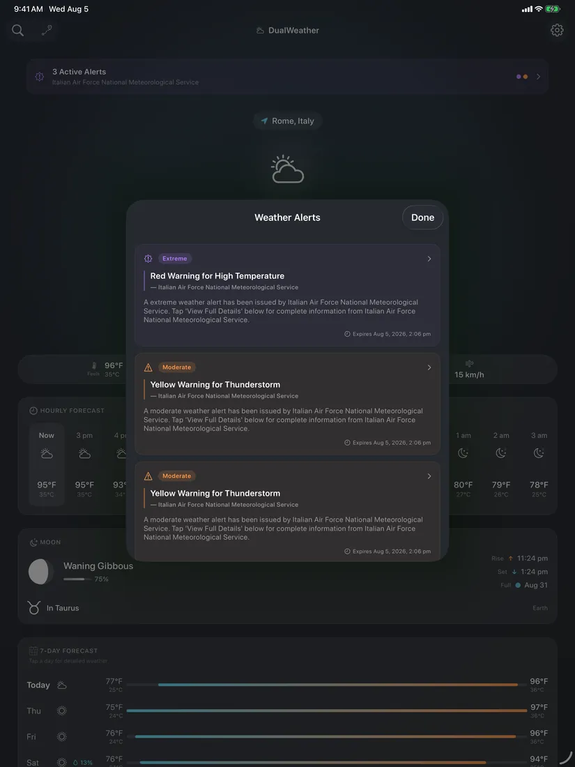 DualWeather on iPad: Alert detail