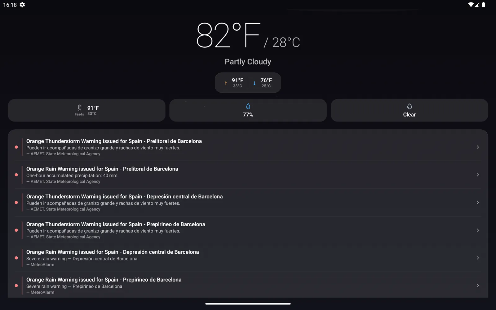DualWeather on Android tablet: Agency warnings barcelona landscape