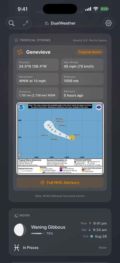 DualWeather on iPhone: Unused tropical storm tracker