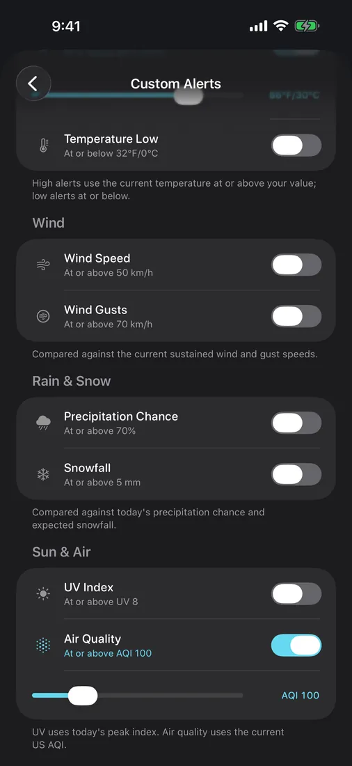 DualWeather on iPhone: Custom alerts
