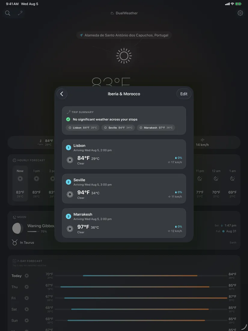 DualWeather on iPad: Trip planner