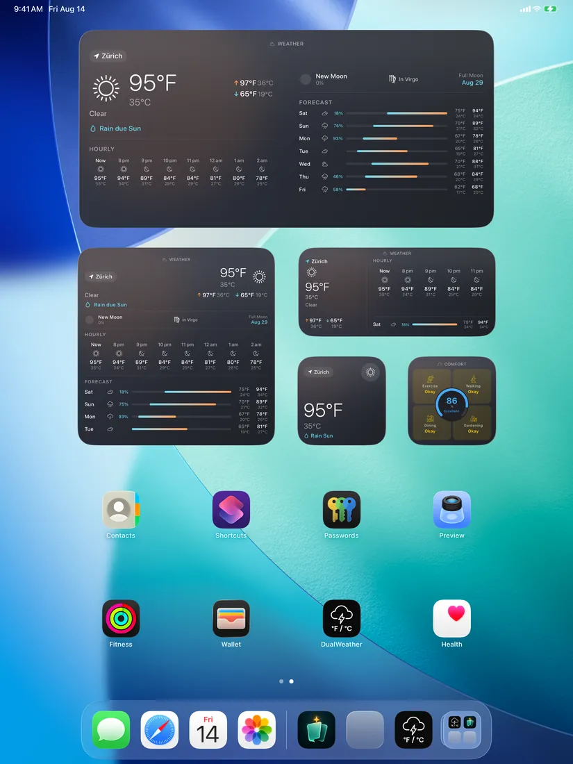 DualWeather on iPad: Widgets home all sizes