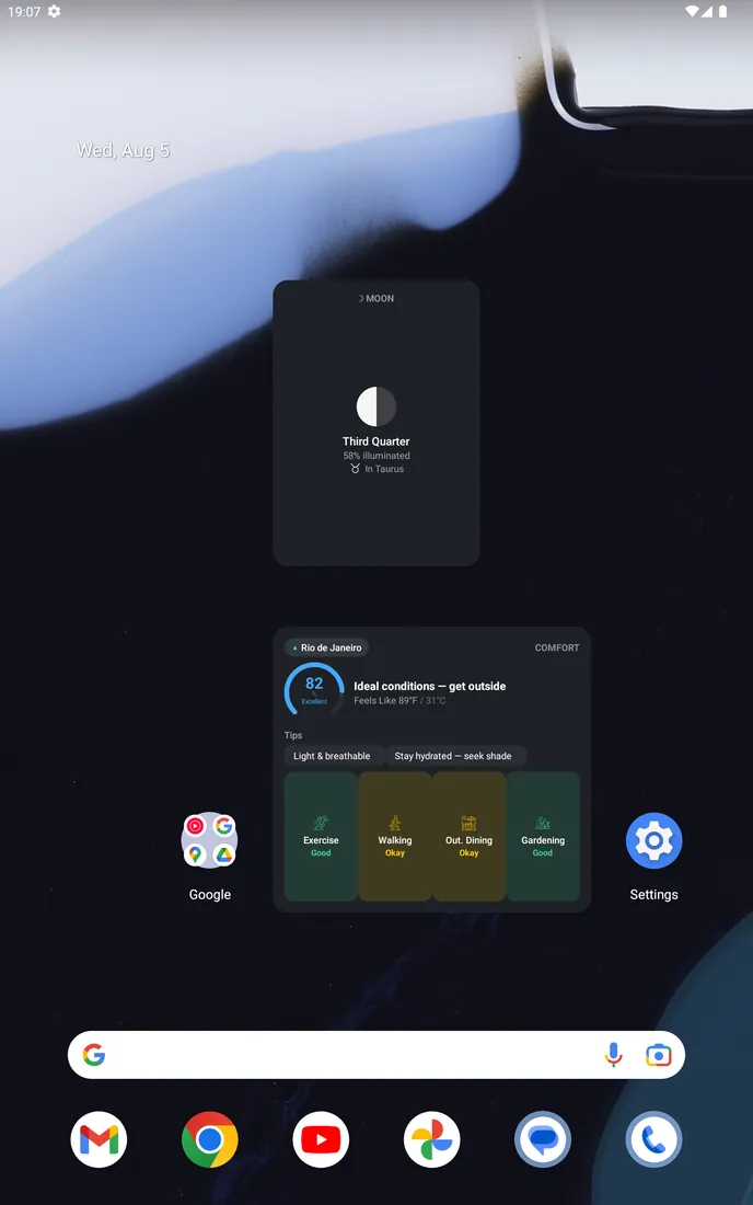 DualWeather on Android tablet: Widgets moon and comfort home