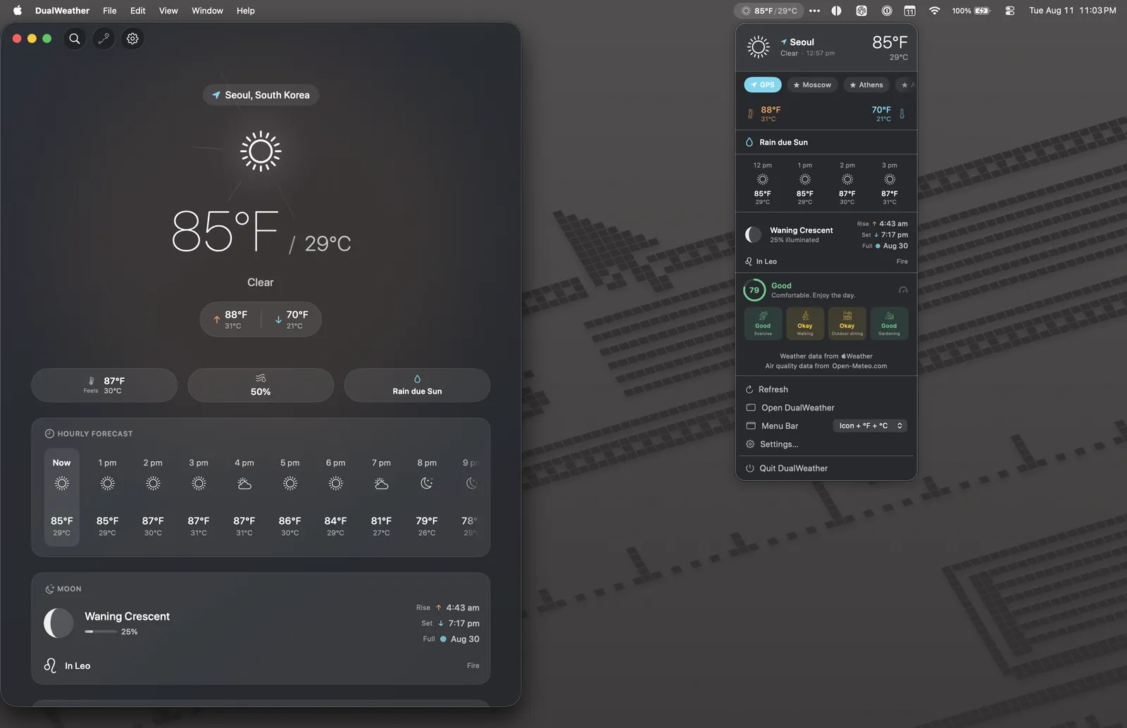 DualWeather on Mac: Menu bar popover desktop