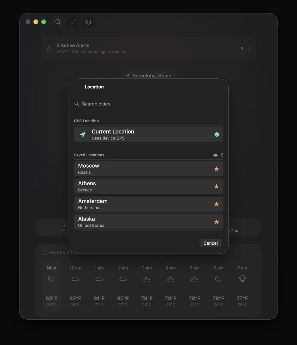 DualWeather on Mac: Saved locations